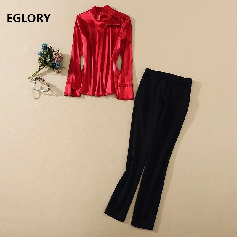 

Elegant Pant Sets 2020 Autumn High Quality 2 Piece Work Suit Women Pleated Ruffle Shoulder Long Sleeve Tops Shirt+Skinny Pants