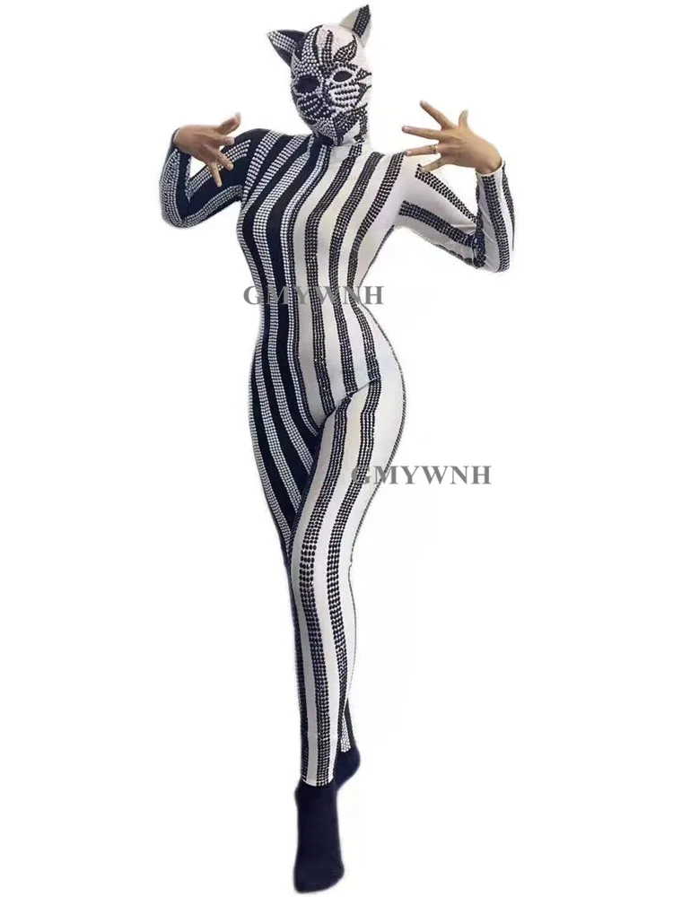 Q87 Клубный танец с палкой Сиамской высокой эластичности Демон-кошка Модель-шоу Костюм для тайтовой вечеринки Хэллоуин Сверление цепью Алмазный диджей.