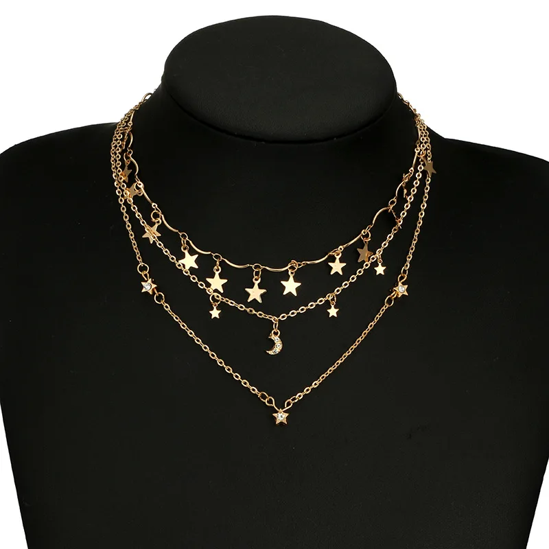 

Fashion Geometric Star Moon Three-layer Pentagram Pendant Necklace