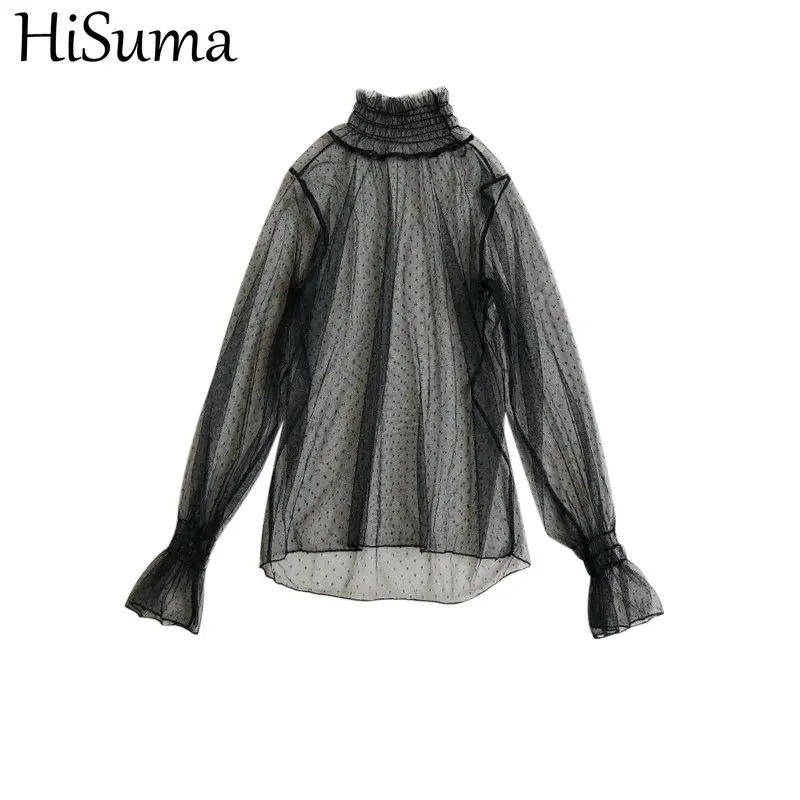 

HISUMA Women Autumn Flare Sleeve Polka Dot Lace Mesh Gauze Basic Ruffles Shirt Elegant Lady Elastic Slim Pullover Blouse Tops