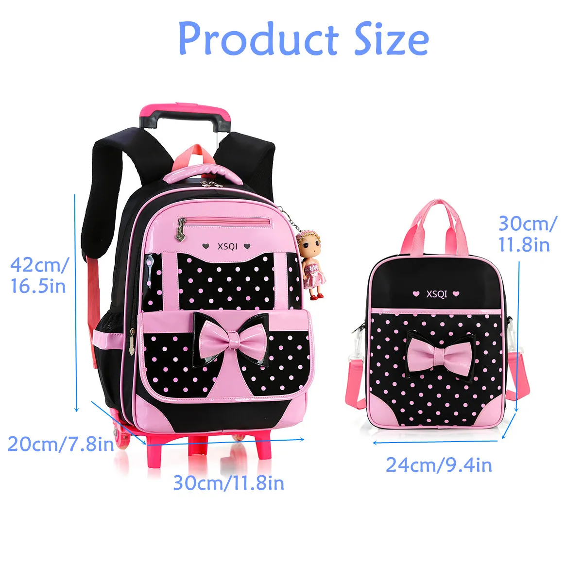 2Pcs Set Rolling Princess Backpack Polka Dot Bowknot Wheeled School Bags for Girls Handbag Waterproof Trolley Bag Travel Luggage