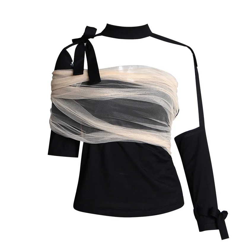 

2020 New Women T-shirt Contrast Color Mesh Lace Irregular Top Women Slim Slimming Lace Shirt