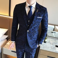 2020 male business slim fit suit three piece sets retro printing pattern korean youth occupation ocial banquet casual