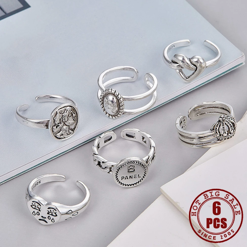 

6 Pcs Gothic Personlity Ring For Women Vintage Silver Color Heart Overlay Mens Rings Star Animal Geometry Simple Fashion Jewelry
