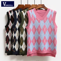 vangull argyle fashion knitted vest women casual korean pullover elasticity sweater spring autumn sleeveless v neck tank tops
