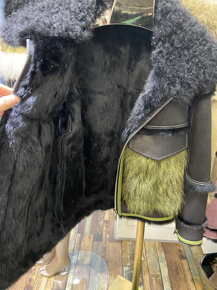 Winter Women Real Lamb Fur Collar Real Skin Rabbit Fur Inner Warm Jackets Real Fur Collar Ladies Raccoon Fur Outwear