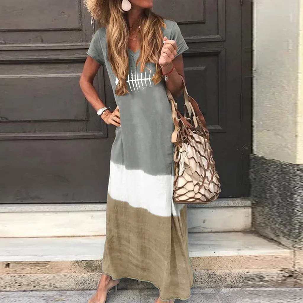 Женское платье макси в полоску с принтом рыбки большие размеры повседневное