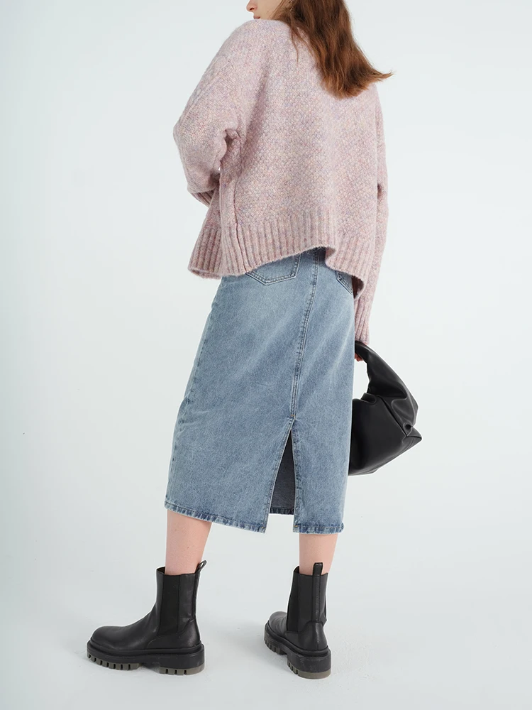 

SALIENCY 2020 Autumn and Winter New Vintage Back Split Long Denim Skirts for Women Thin A-line High Waist Package Hip Skirt