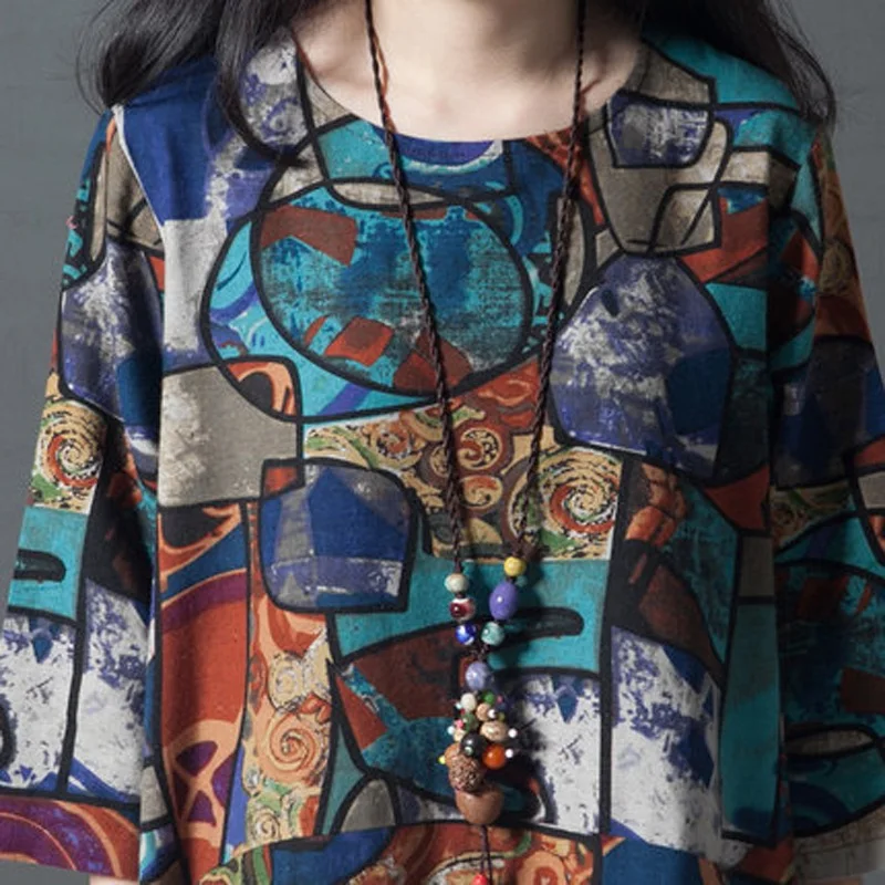 Туника 2019 весна осень винтажное хлопковое льняное платье с принтом короткий