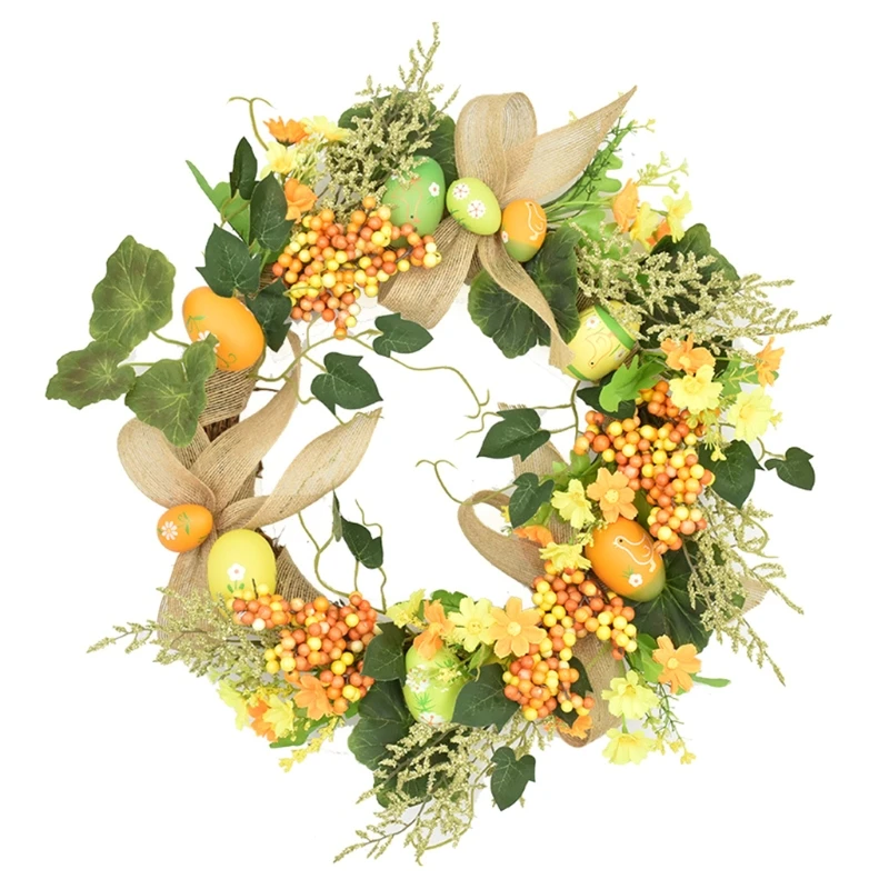 

45CM Manual Easter Garland Eggs Rattan Wreath Artificial Flower Garland Home Window Front Door Wreath Easter Decoration