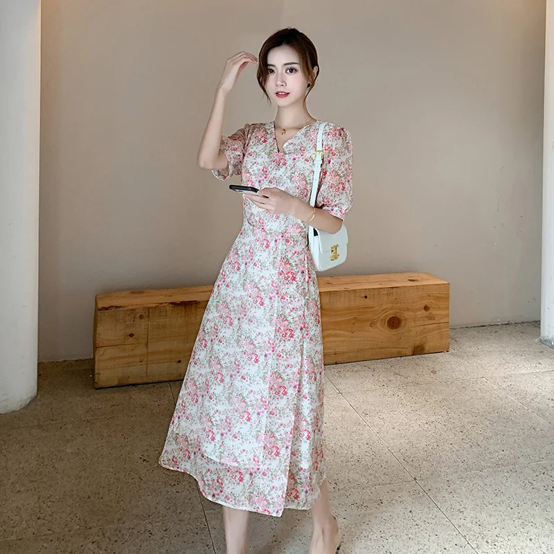 

Xl-5xl размера плюс 2021 летняя новая большая женская французская юбка толстое мм рукав-пузырь Цветочное платье 11574