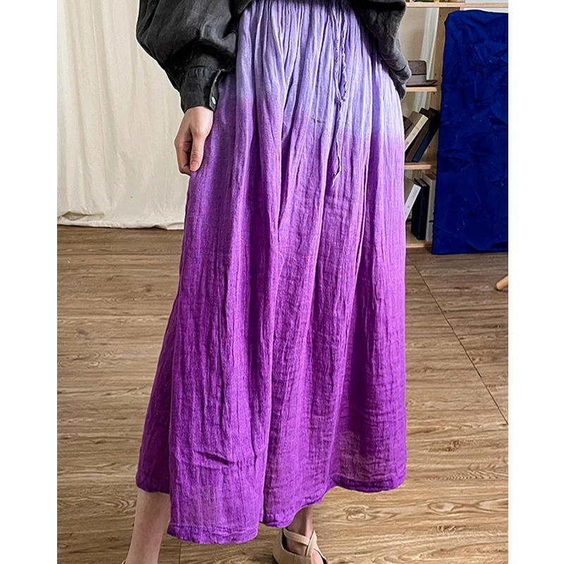 

Artsy Clothes dip dye skirt Women Gradient color Folds Style Elastic Waist Linen Skirt Casual Wear