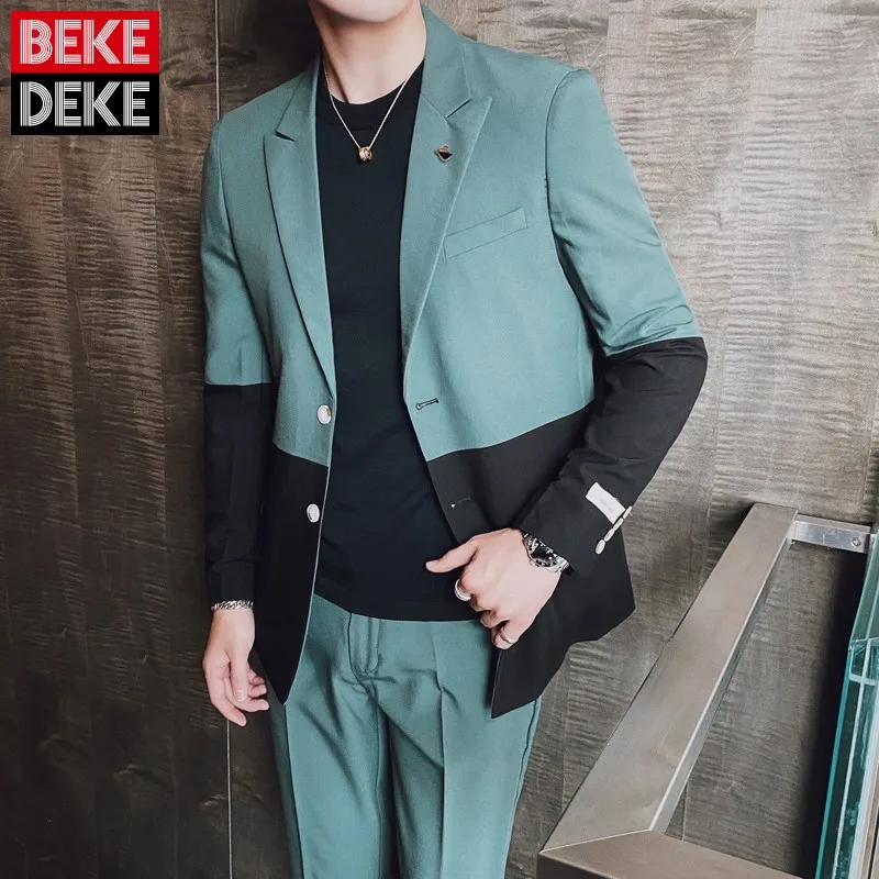 

New Korean Style Slim Fashion Spliced Vintage Mens Suits Sets British Style Outerwear Casual Male Concise Two-Piece Suit