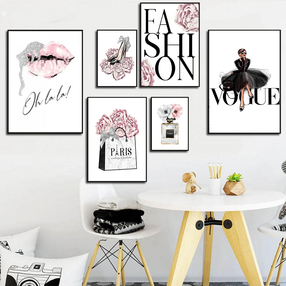 

Pink Flower Perfume Fashion Lady Poster and Prints Nordic Style Canvas Painting Picture on The Wall Art Living Room Home Decor