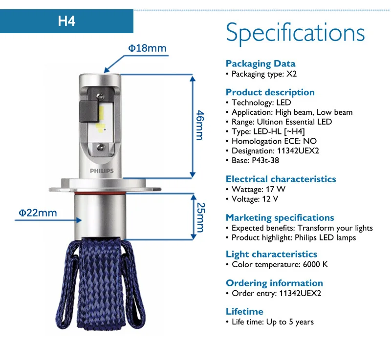 Philips светодиодный H4 H7 H8 H11 H16 9005 9006 9012 HB3 HB4 H1R2 Ultinon Эфирное светодиодный автомобиль 6000 К Белый свет фар для авто лампы Противотуманные огни 2X