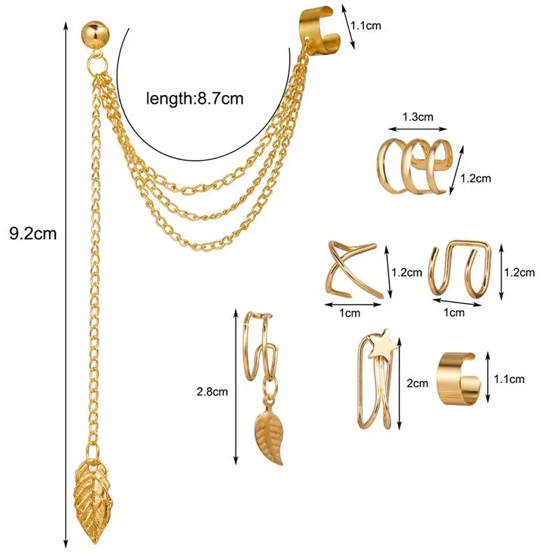7 шт. женские серьги в форме листьев Форма с нестандартными манжетами цепи