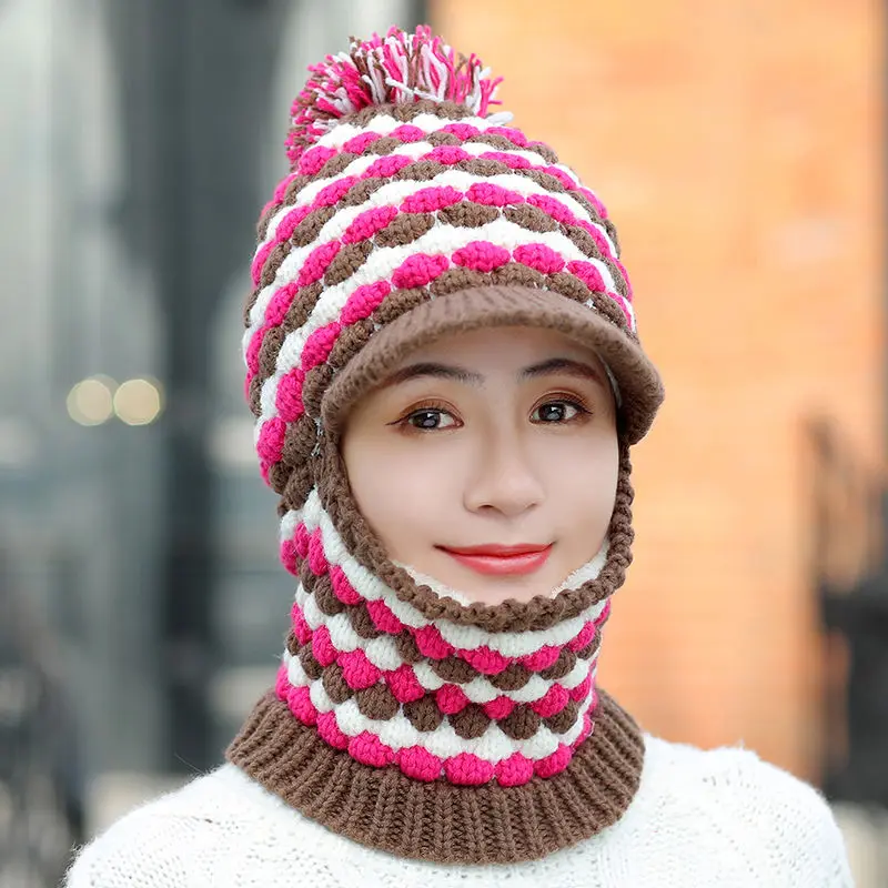 

Female Warm Beanie Hat Riding Snow Caps Winter Women Knitted Hat Scarf Set Hairball Pom Pom Fashion Wool Thickening Hat Collars