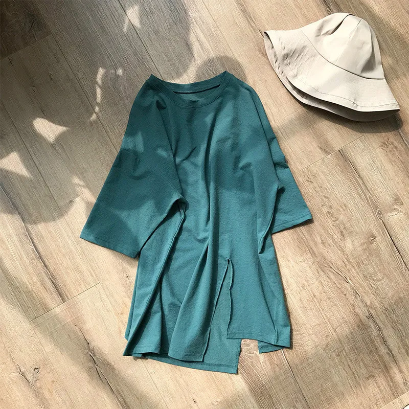 

Korean Style Loose Long Asymmetrical Top Short Sleeve Women Summer Slit Tshirt Girls Cute Solid Orange T-shirt Basic T Shirt Tee