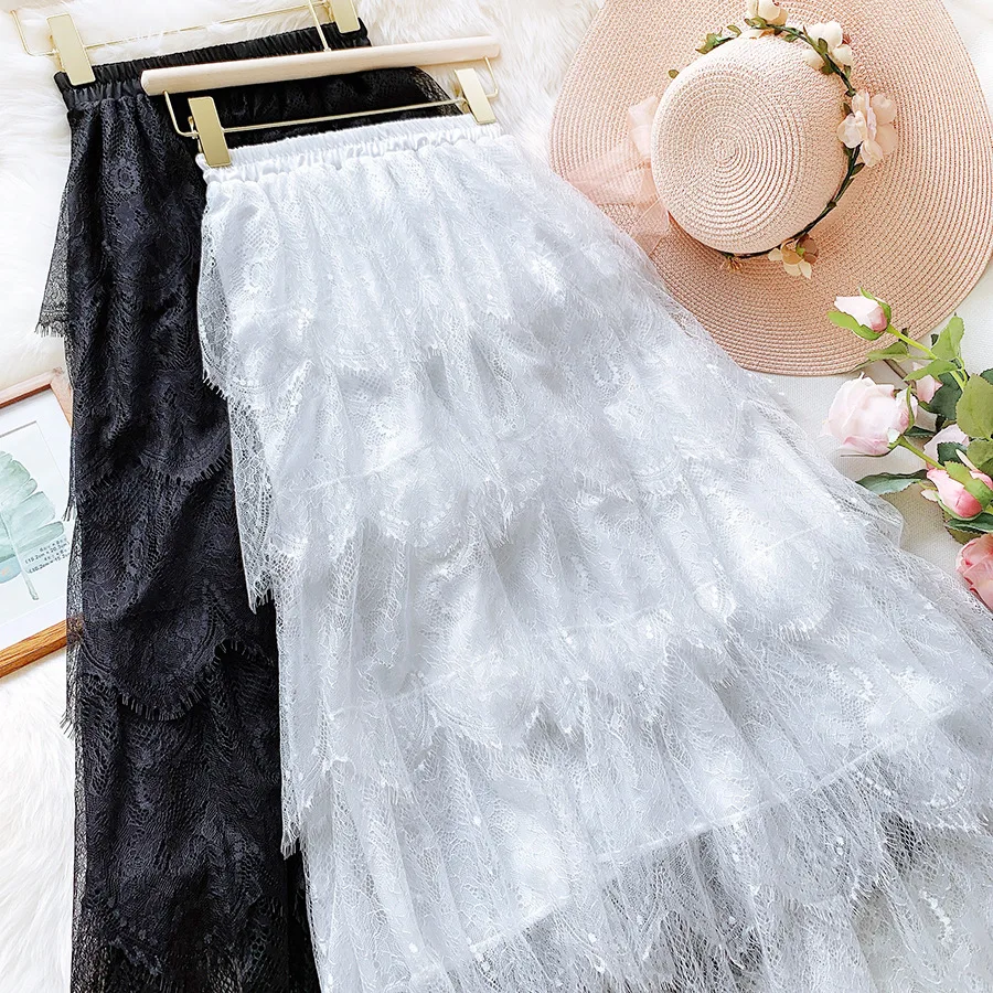 Весна Лето 2020 Фея темперамент кружева торт слоистых Макси Длинная юбка Милая