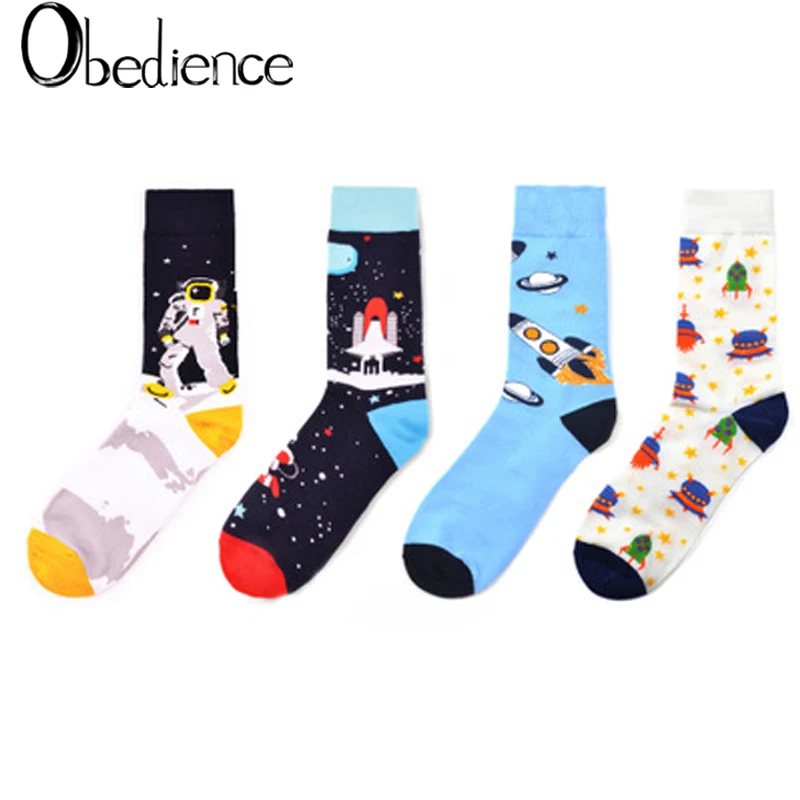 Новые разноцветные носки средней длины с рисунком космонавта мужские хлопковые