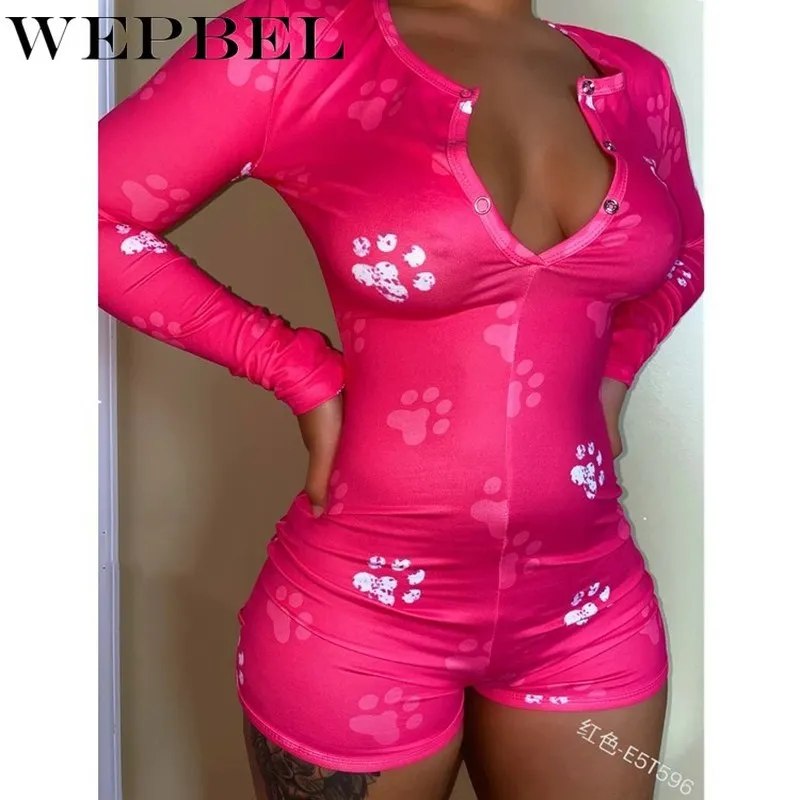 

WEPBEL Fashion Women Jumpsuits Skinny Bodycon V Neck Romper Long Sleeve Playsuit Slim Fit Print Pajamas Sleepwear