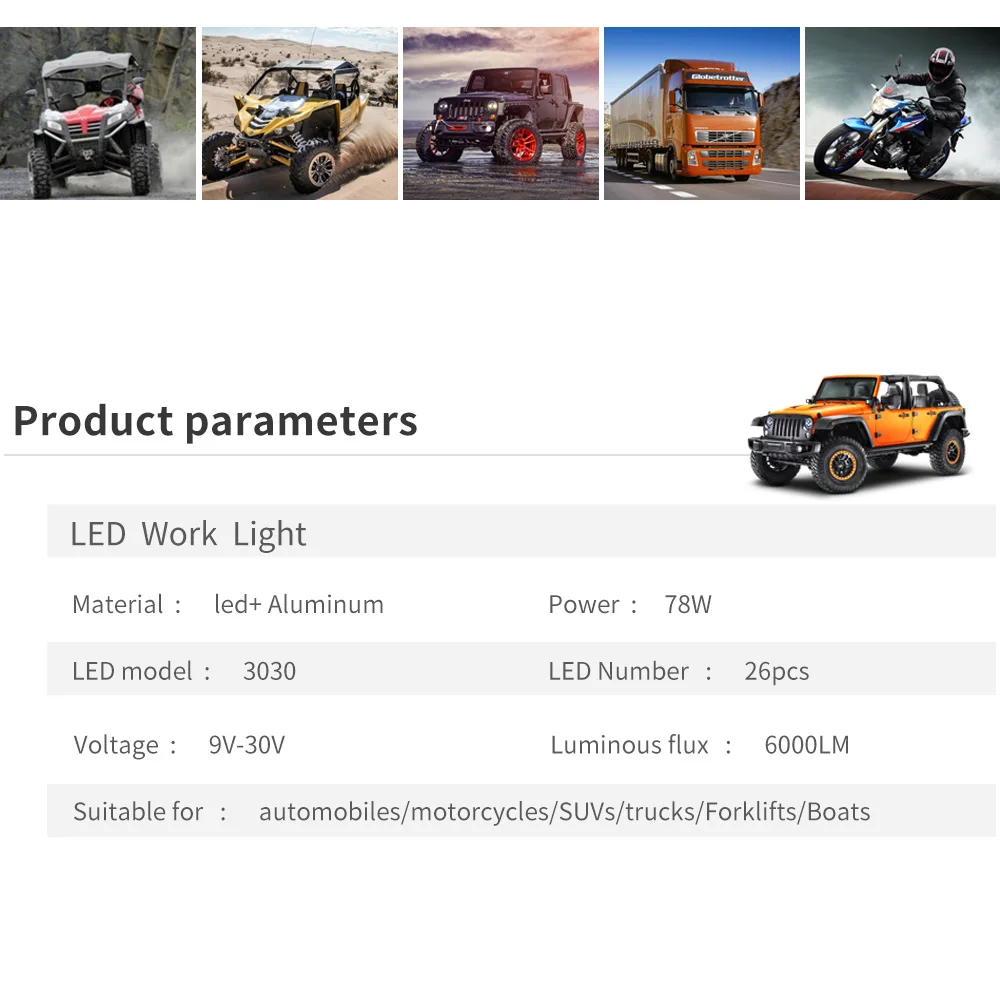 

4 Inch Truck Trailer High Brightness LED Work Light Spot Lamp 26LED 9V-30V 78W 6000K White IP67 Waterproof Car Worklight