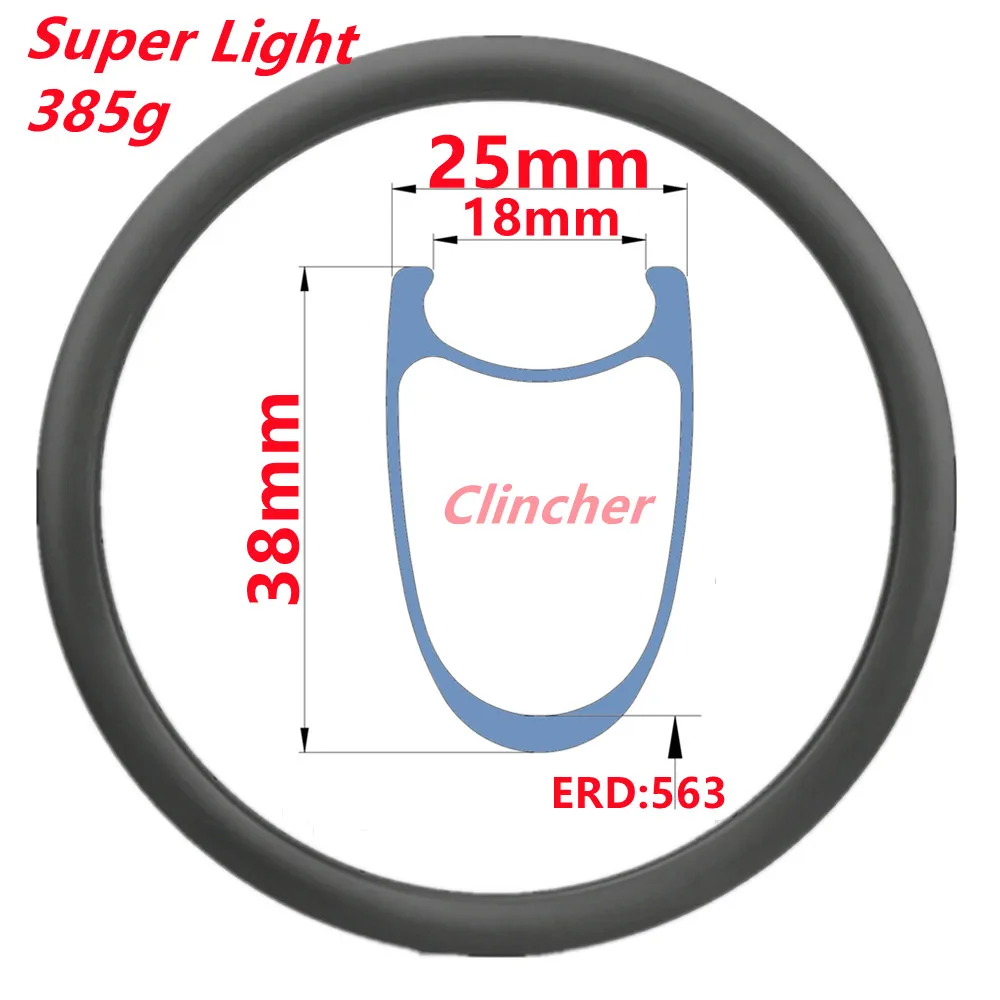 

25mm Wide Carbon Rim 38mm Depth Road Bike Carbon Rims Super Light Clincher Road Bike Rims Factory Sell Road Bike Carbon Rims