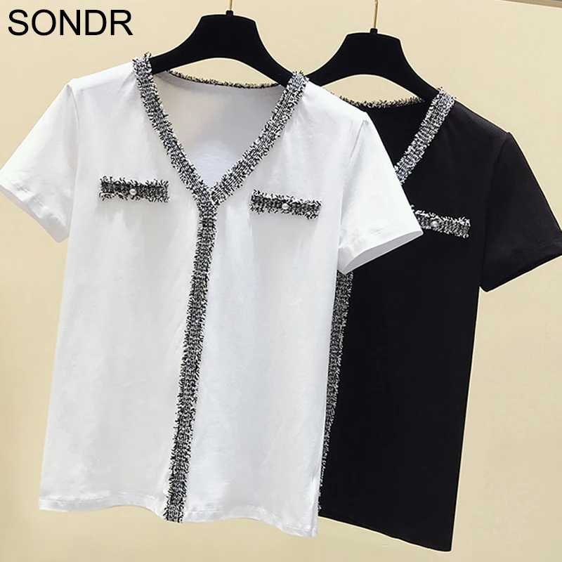 

New summer Korean version of pure cotton solid color V-neck short-sleeved t-shirt women's lace ins tee shirt bottoming top tide