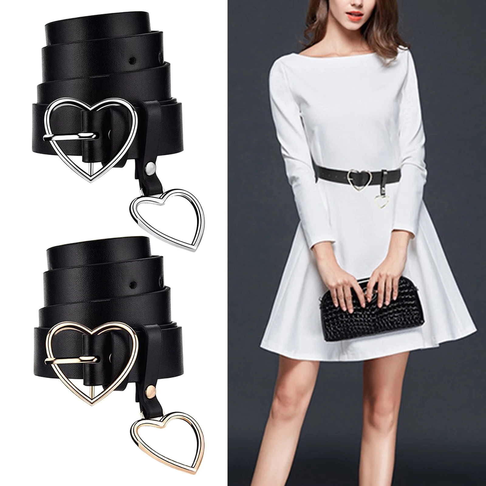 

Womens Belts for Jeans with Heart Shaped Buckle Casual Fashion Faux Leather Belt
