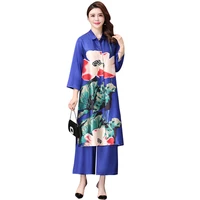 2 pieces free shipping new fashion spring autumn loose wide printed silk satin set mother work wear clohtes