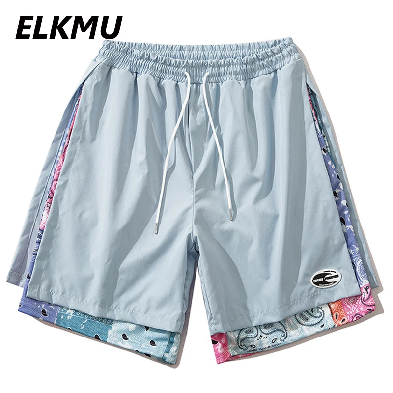

ELKMU Harajuku шорты в уличном стиле для мужчин 2021 летние шорты Бандана с лоскутными вставками; Брюки мужские плавки модный дизайн HM145