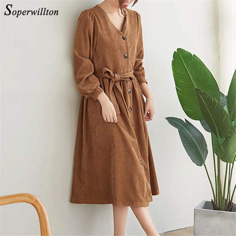 Вельветовое женское платье повседневные зимние платья с v-образным вырезом и