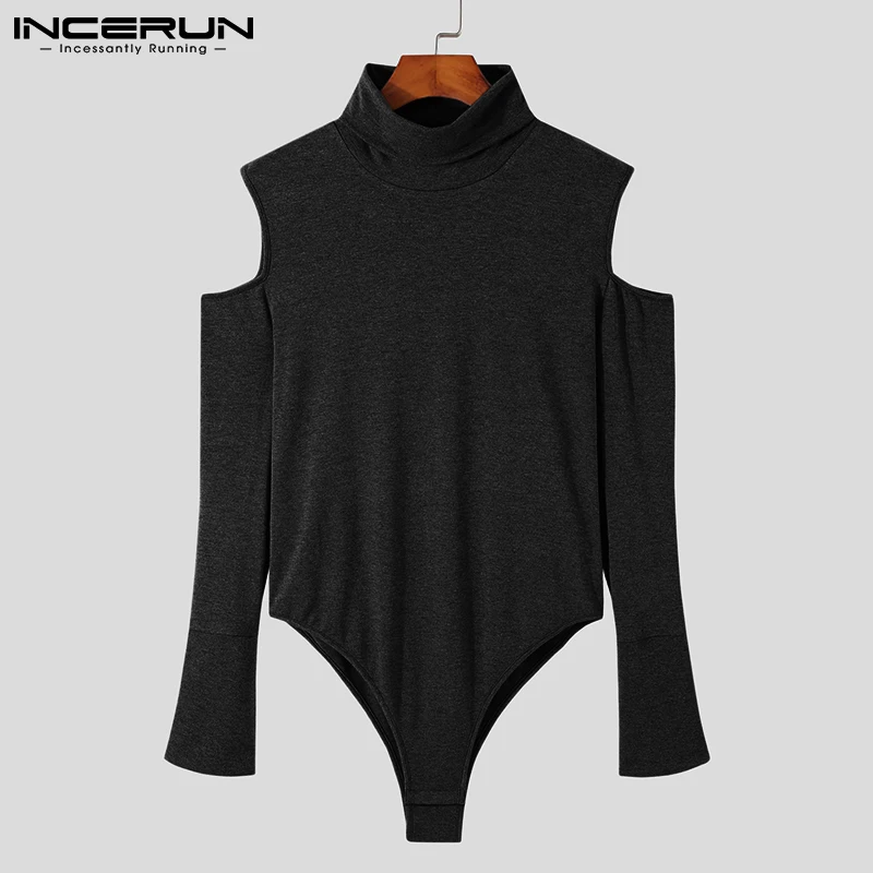 INCERUN Men Solid All-match Simple Loungewear Onesies Family Shoulder Cut-out Sexy Leisure Long-sleeved Triangle Jumpsuit S-5XL