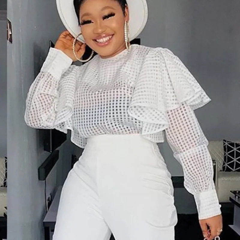 

Women Blouses White Thin Transparent See Through Long Sleeves Ruffles Tops Shirt Plus Size XL Fashion Bluas Party Date Birthday