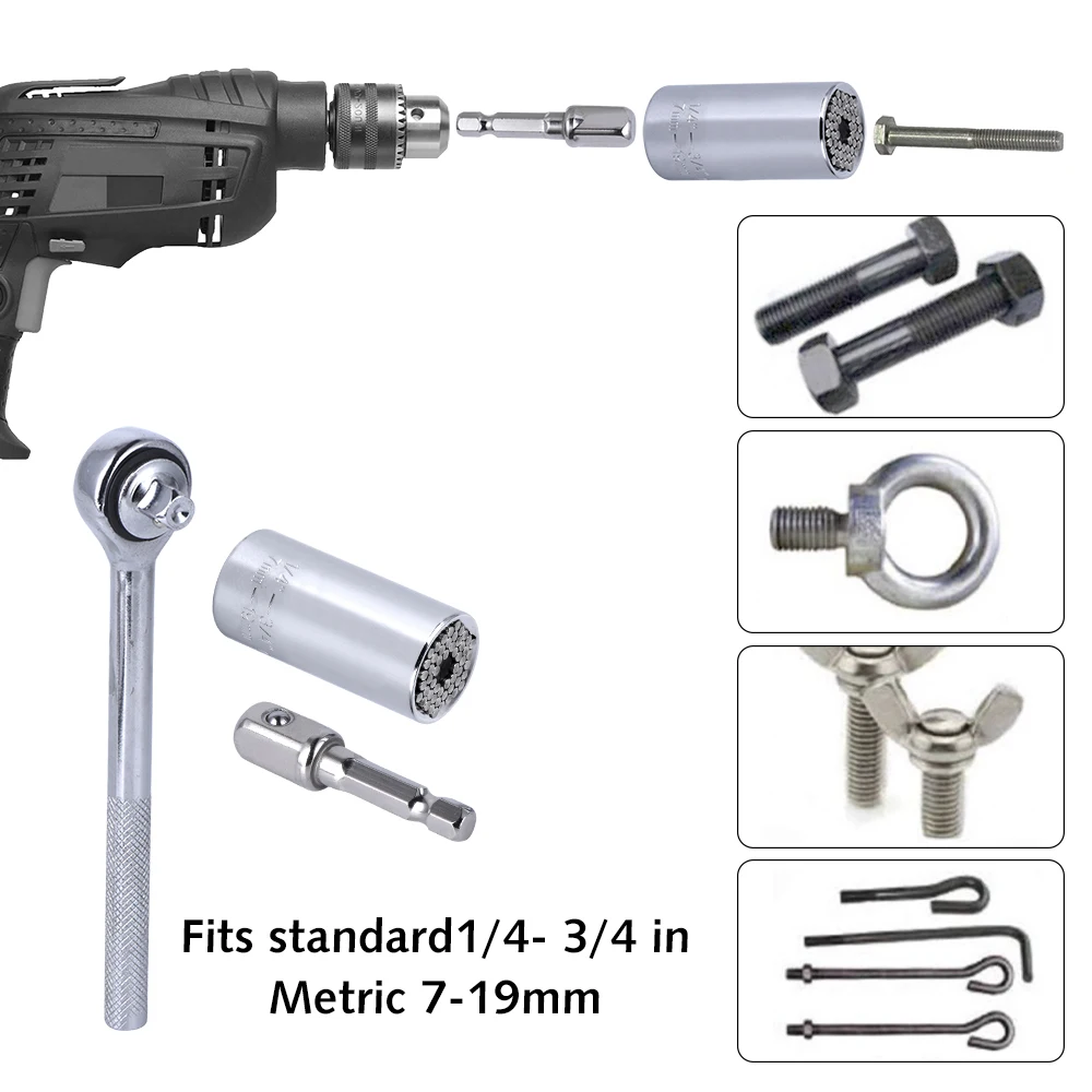 

Universal Torque Wrench Head Set 7-19mm Socket Bit Power Drill Ratchet Bushing Spanner Magic Key Grip Multi Hand Tools