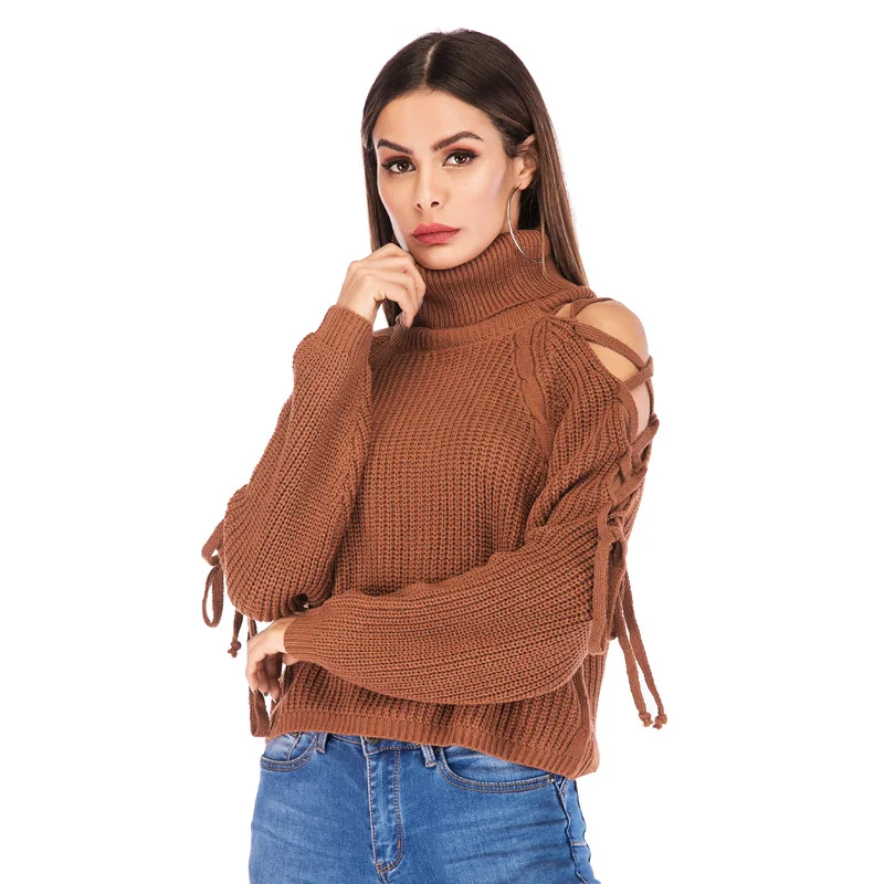 GEWINZEE Knitted Turtleneck Pullover Women's Sweaters Sexy Bandage Strapless Short Sweter Hollow Out Sleeve Jumper Pull Femme | Женская