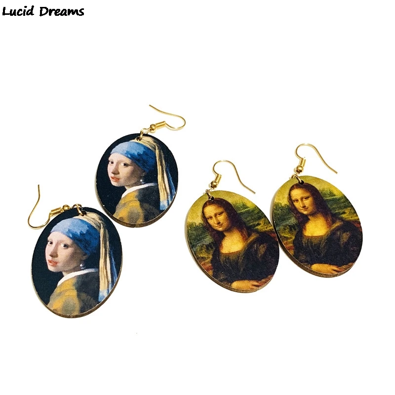 Retro Oil Painting Art Van Gogh Starry Night Mona Lisa Drop Earrings Vermee Women Wood Vintage Earrings Fashion Jewelry Bijoux