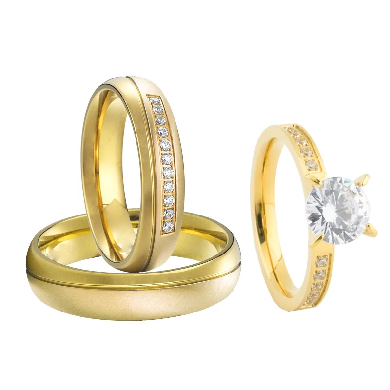 

3pcs cz Moissanite Diamond Wedding Engagement Rings Set for Men And Women Ladies Gents I Love You Couple Ring 18k Gold Plated
