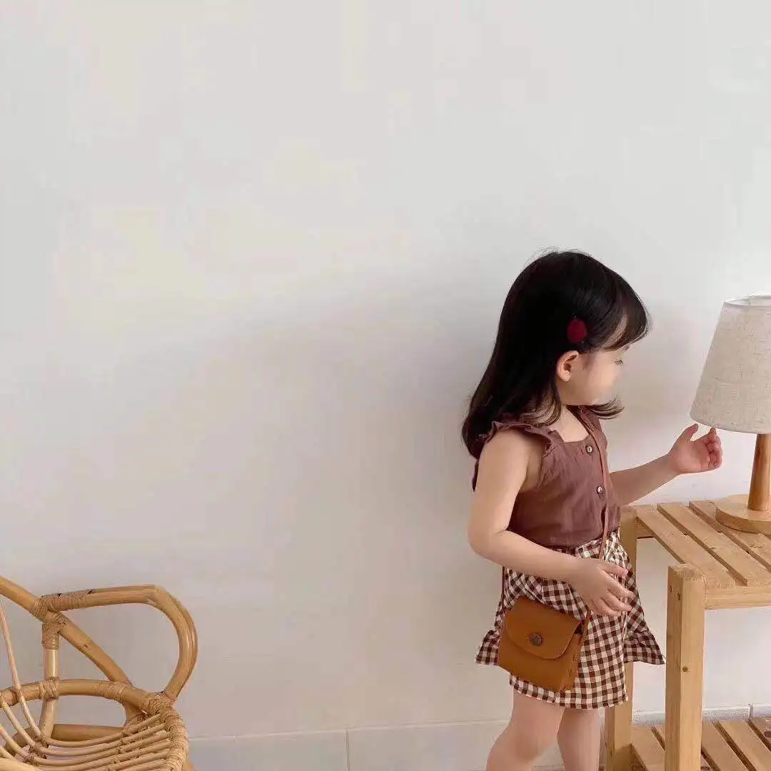 Милый костюм для девочек топ без рукавов + клетчатая юбка из двух предметов
