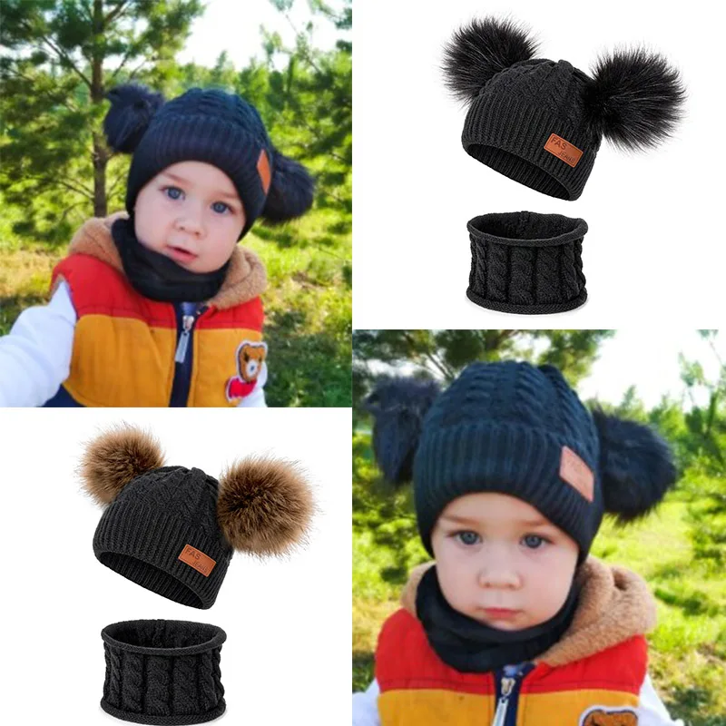 REAKIDS 2 Piece Set / Winter Hat Fur Ball Cap+Scarf Newborn Warm Knitted Soft Boys And Girls Universal 0-2 Years Old | Детская одежда и