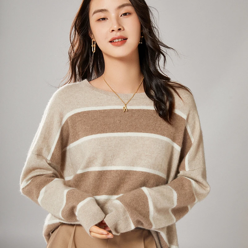 

Tailor Sheep Autumn Winter Knitted Striped Sweater Women 100% Wool Casual Pullover O-Neck Loose Jumper Knit Pullover