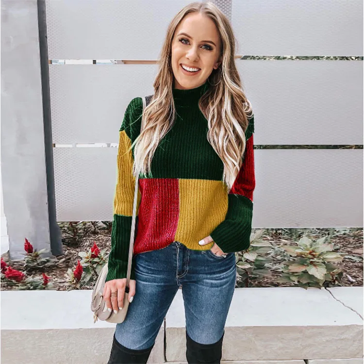 

Mandylandy Autumn Winter Women Color Block Patchwork Knitted Pullover Sweater Warm Loose Turtleneck Stitching Pullover Tops