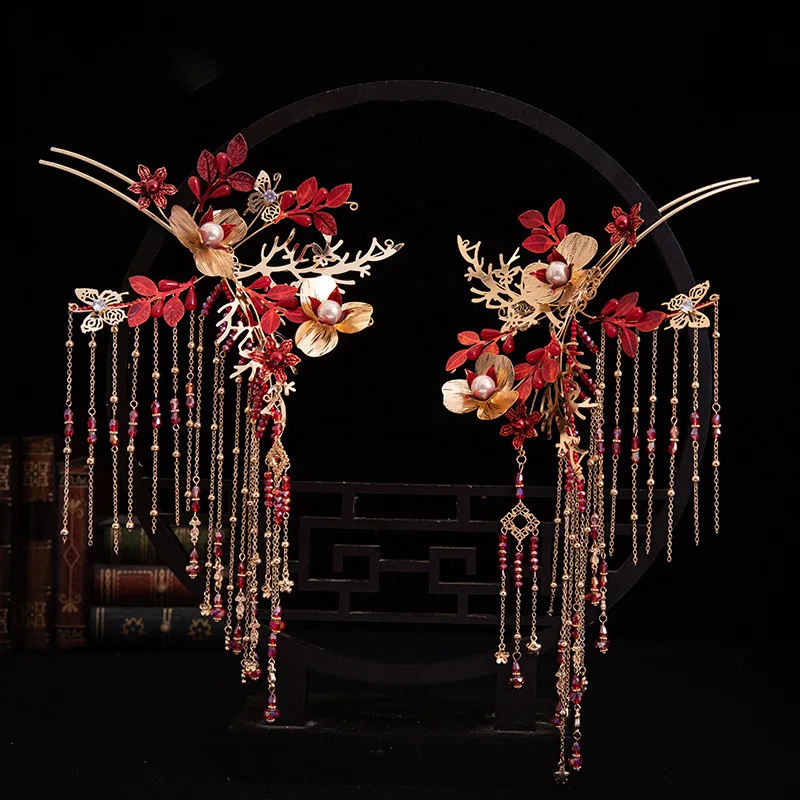 Древний костюм, тиара, свадебная, китайская, стильная, кисточка, феникс, корона, шпилька, венок, наряд для волос невесты.