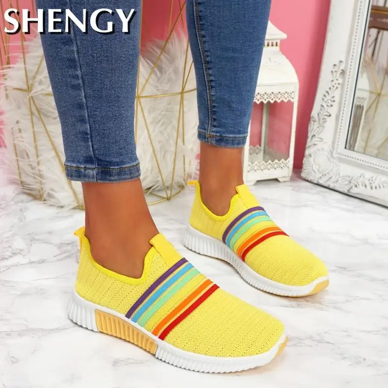 Кроссовки женские радужные модные сандалии на плоской подошве повседневная