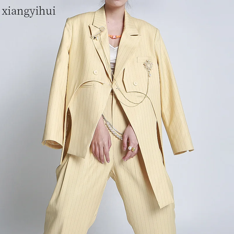 

England Loose Style Yellow Stripe Office Lady Blazer Suit Women Casual Fashion Work Blazer Jacket OL Korean Clothings 2021