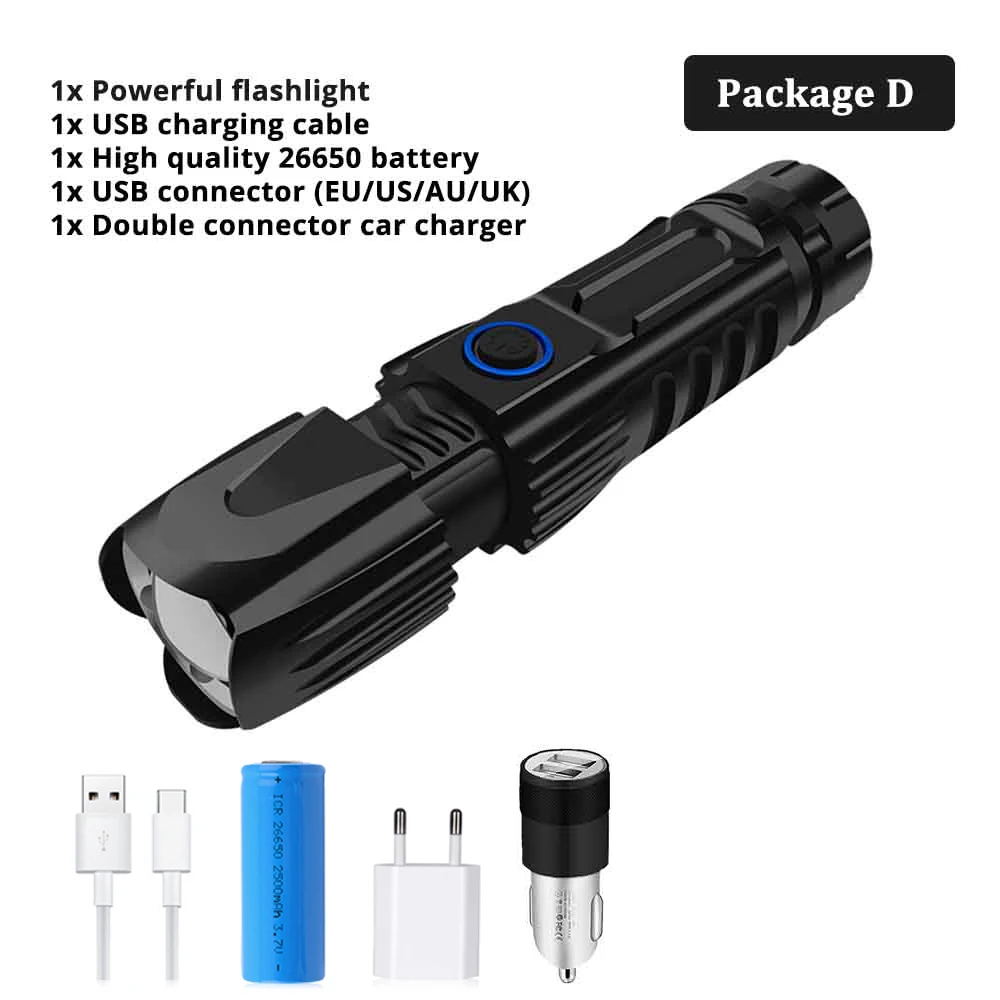 Package D Супер яркий светодиодный тактический фонарь высокой мощности XHP50/70,2/90, охотничий фонарь, USB зарядка, телескопическая лампа с зумом, аккумулятор 26650 - Испускаемый цвет: Package D
