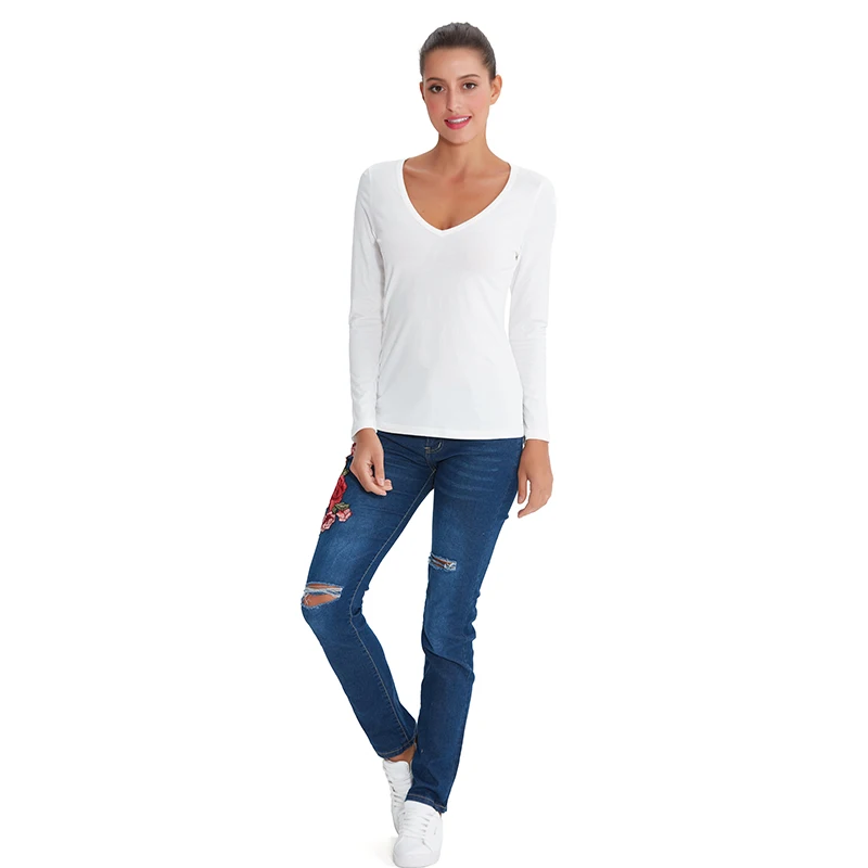

Autumn Women V-Neck Cotton T Shirt Plain Solid Long Sleeve White Casual Female Slim Basic Tees Plus Size M30166