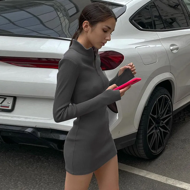 

2021 Autumn Dress Women Skinny Solid Turtleneck Zippers Regular Long Sleeve Vestidos Fashion Sexy Slim Wrap Hip Female Dresses
