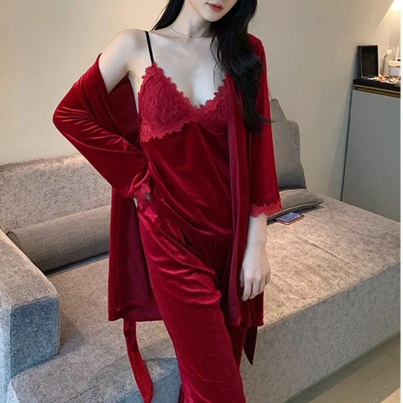 

Burgundy 3PCS Pajamas Set Women Winter Nightwear Velour Sleepwear Kimnon Bathrobe Gown Sexy Home Clothing Long Sleeve Nightwear