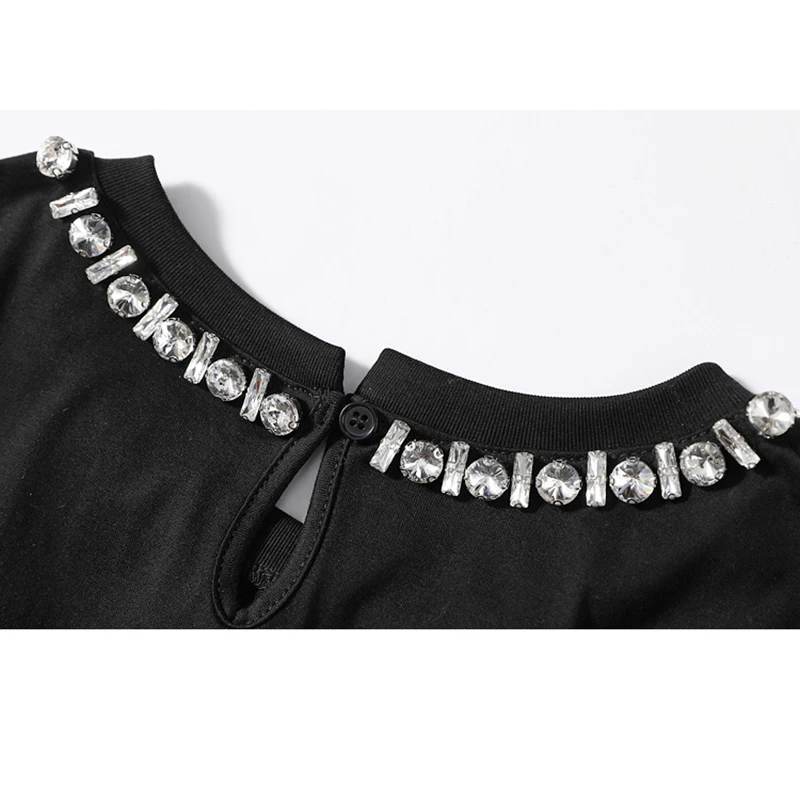 

High Quality 2021 Spring Summer Diamonds O-neck Cotton T Shirt Women Short Sleeve White Tee Shirt Femme Casual Modis Tops